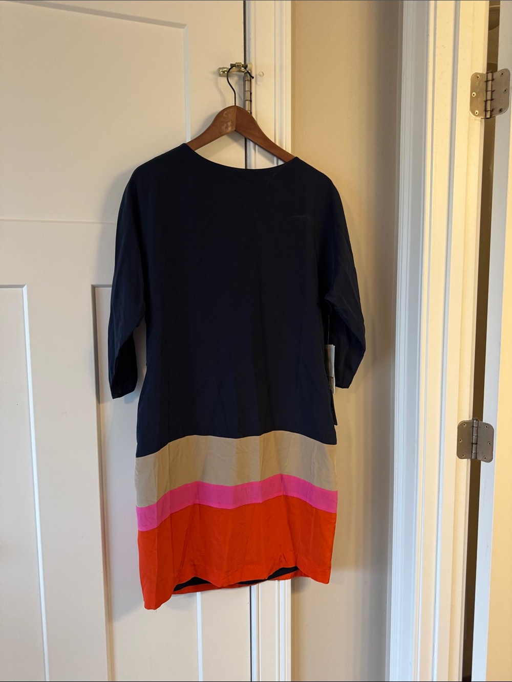 Eliza J Navy Shift Dress with Tan, Pink and Orange Bands